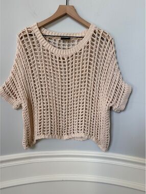 Miou Muse Medium Beige Open Knit Cropped Sweater Top